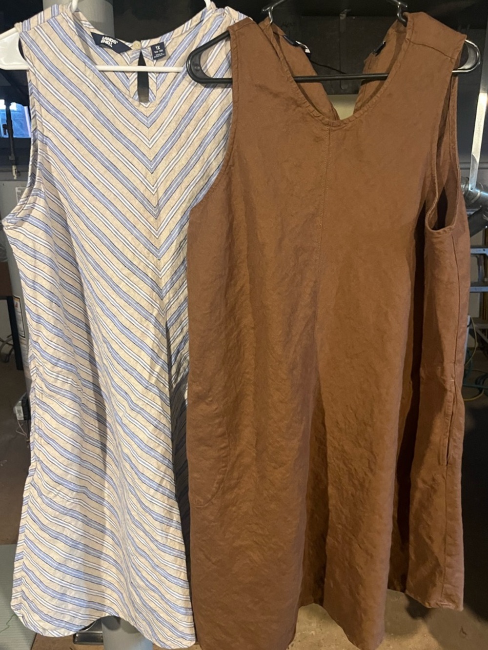 L.L. Bean Sleeveless Linen A-Line Midi Dress Duo — Blue-Striped and Brown